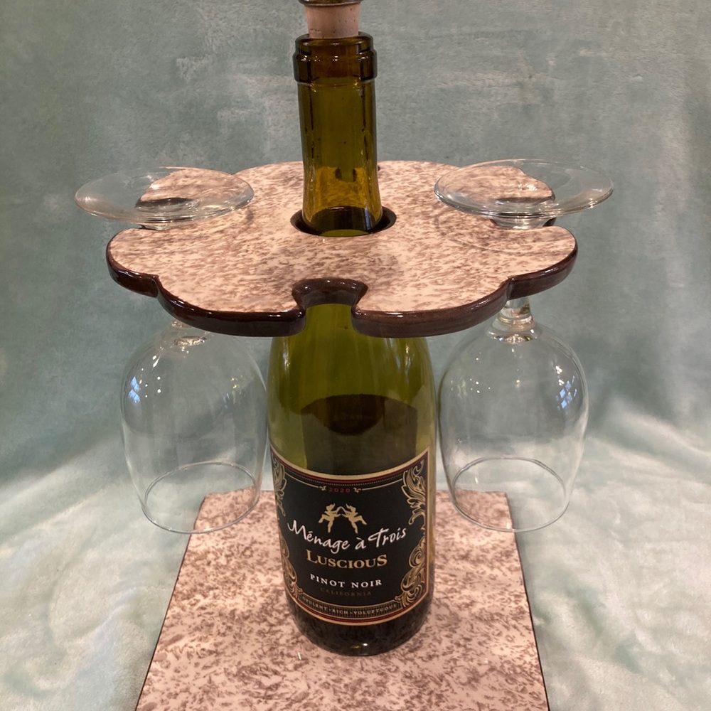 3 pc Porcelain Wine Bottle Holder w Stemmed Glass Slots Caddy Includes Stopper